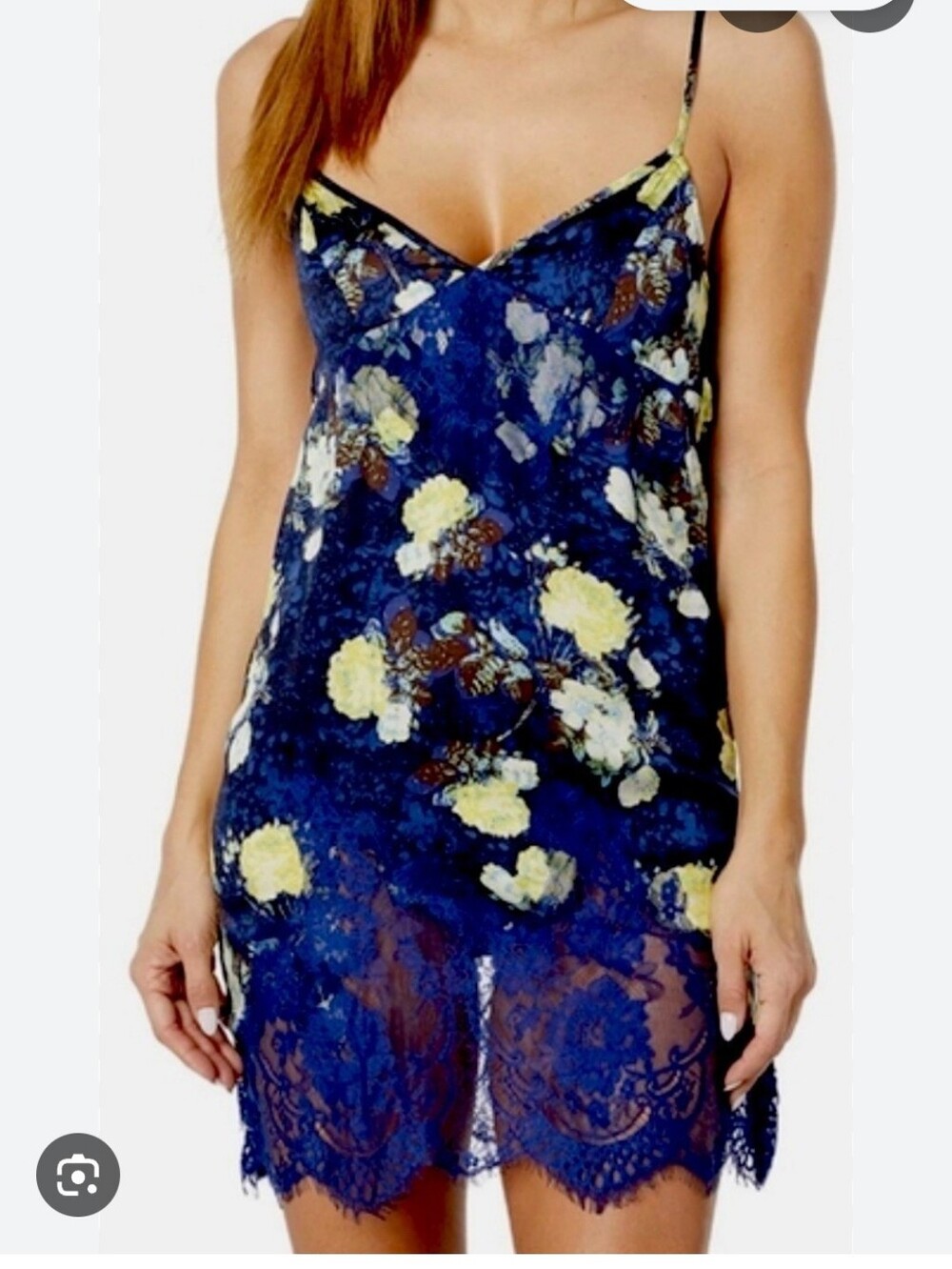 Free People Navy Lace Slip Dress with Yellow Floral Print